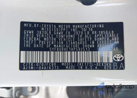 2017 Toyota Corolla Se from USA, damaged, VIN 5YFBURHE1HP592513